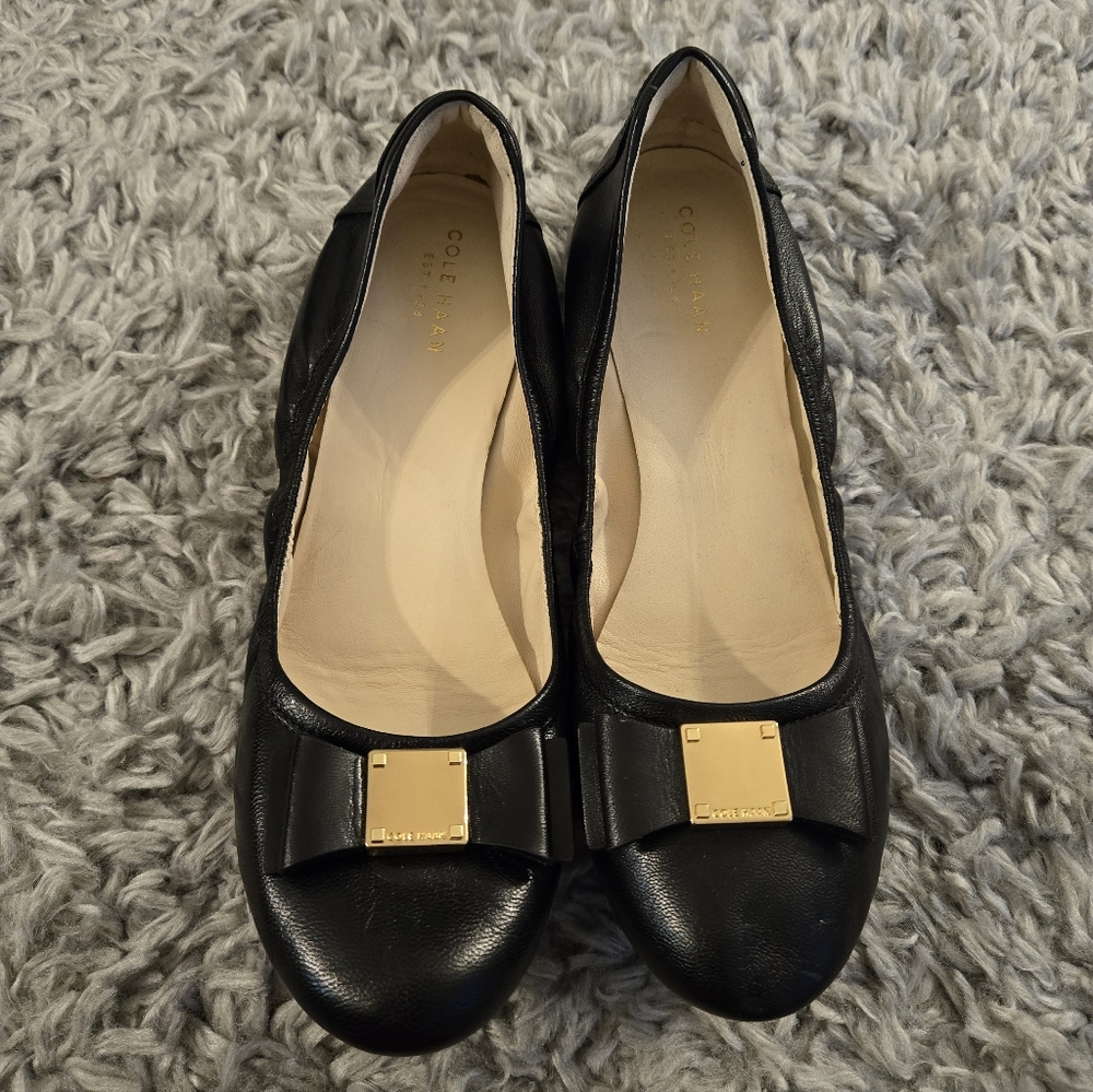 Cole Haan Women's Black Leather Flats with Gold Accents